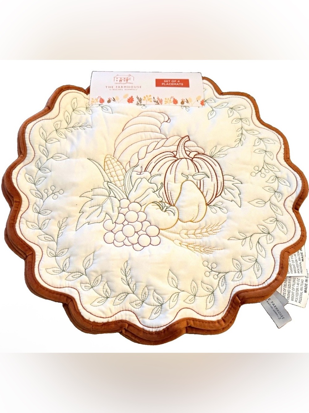 Cream & Brown Quilted Harvest Placemat With Velvet Round- Set of 4 NWT